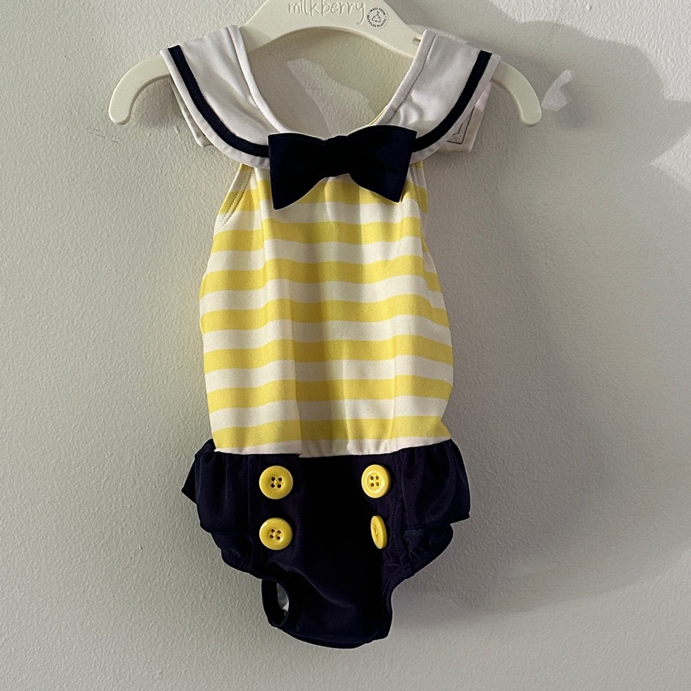 Yellow and Navy Striped Baby Swimsuit with Bow